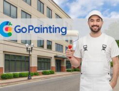 Go Painting Franchise. Painter standing in front of commercial building.