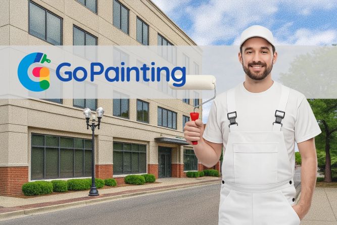 Go Painting Franchise. Painter standing in front of commercial building.