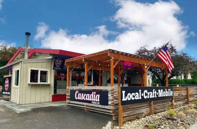Cascadia Pizza Franchise location showing indoor and patio seating.